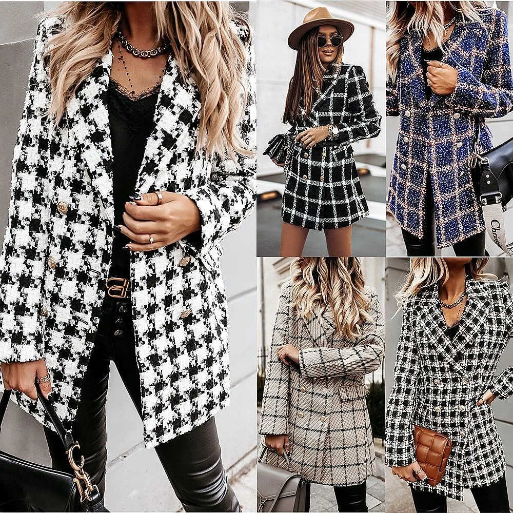 Women's Woolen Printed Notch Lapel Long Coat Outerwear Blazer Trench Spring Fall