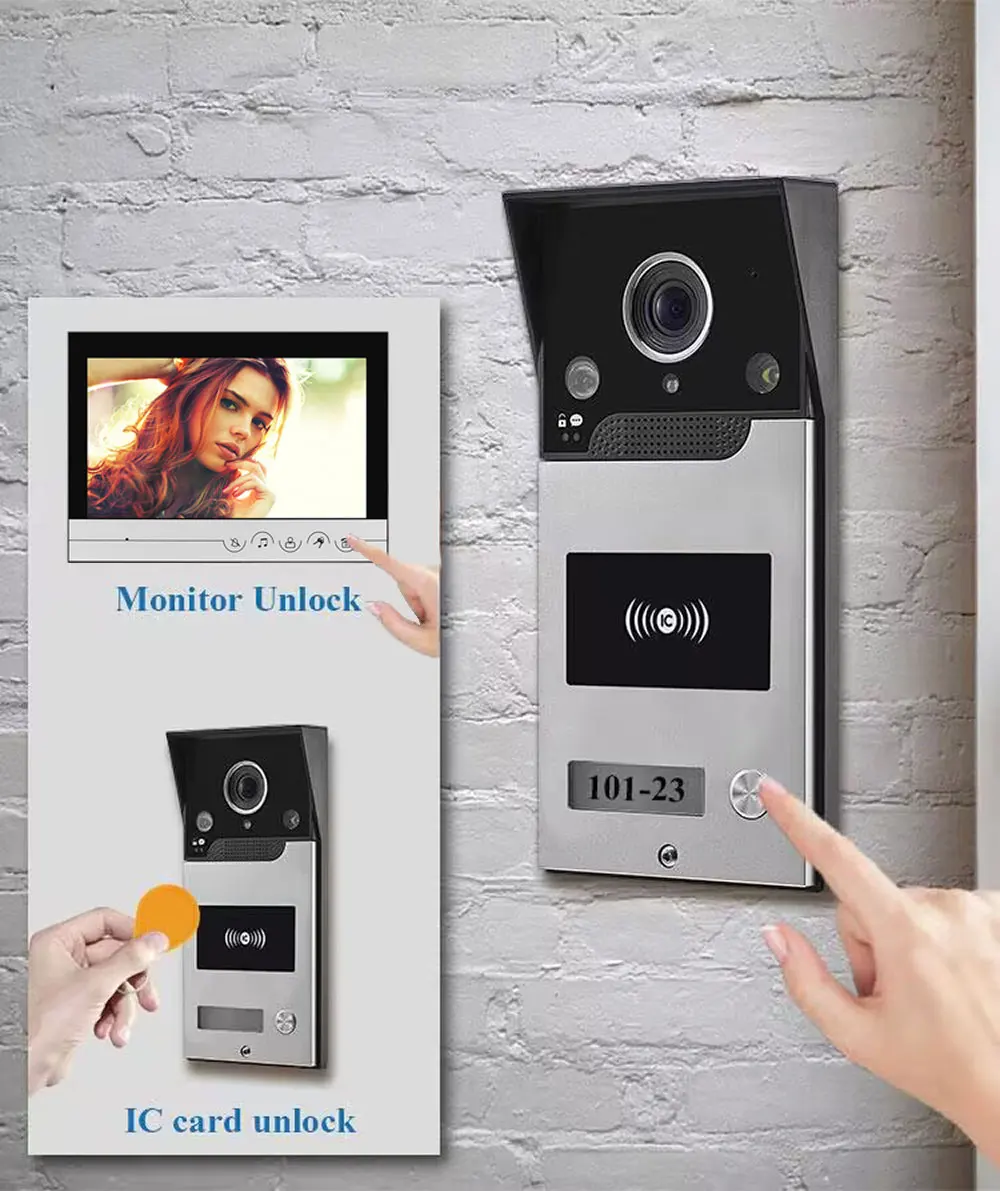 비디오 문짝 전화 인터콤 초인종, RFID HD IR LED 야외 방수 카메라 유도 카드, 비디오 문짝 전화 시스템, 9 인치