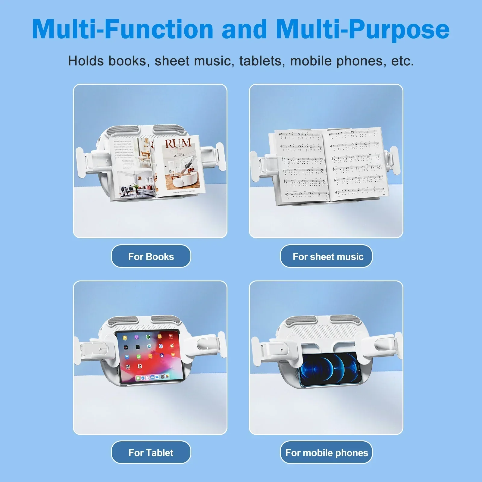 Eary Book Stand for Reading Adjustable Bed sofa Lazy Holder lying for Paperbacks CookBooks TextBooks Magazines with Page Clips