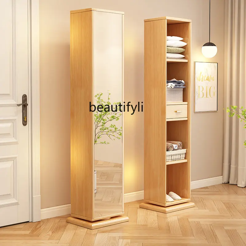 

Solid Wood Full-Length Mirror Rotatable Floor Full-Length Mirror Storage Cabinet Integrated Simple Dressing Mirror
