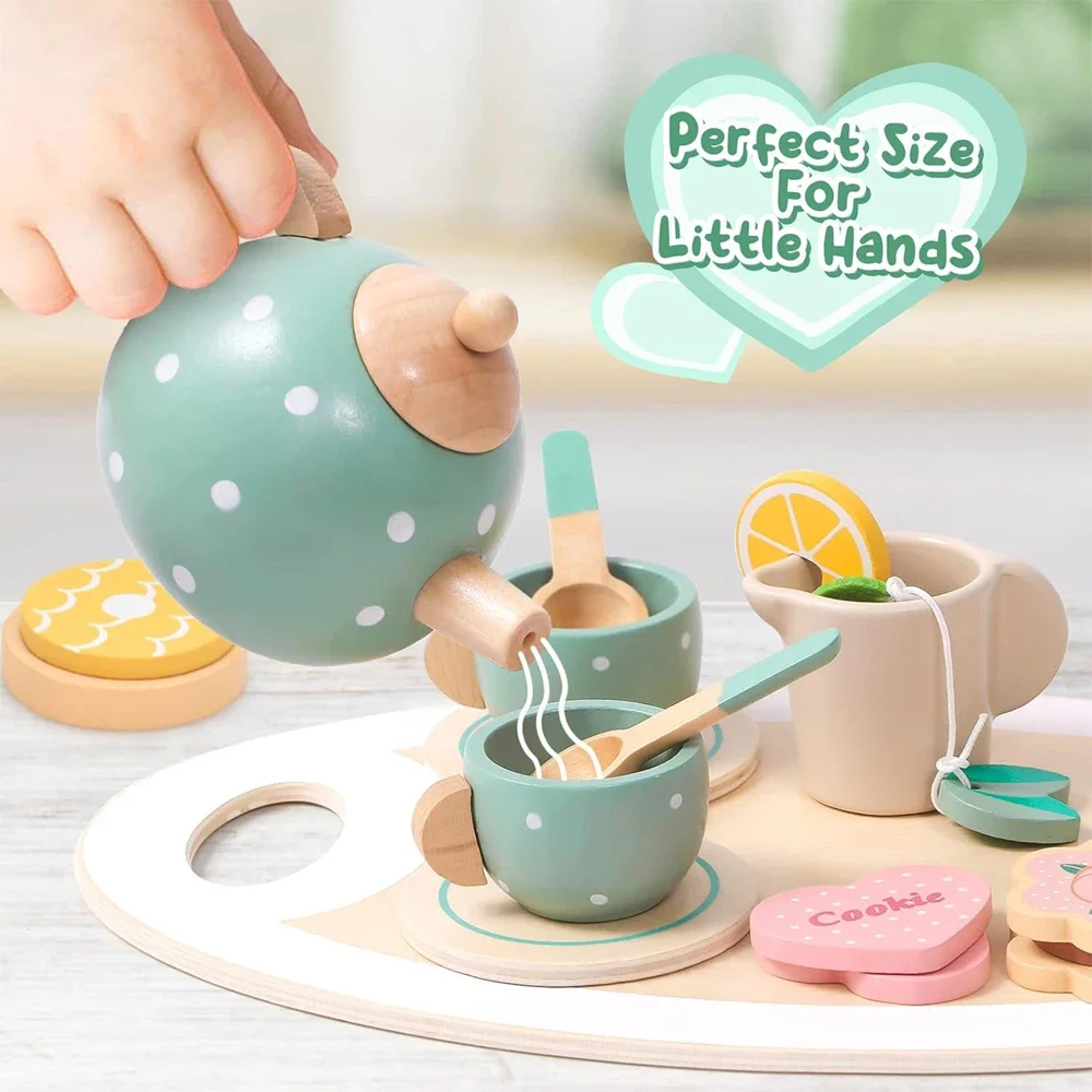 15pcs Wooden Tea Toys Pretend Play Kitchen Accessories Food Playset for Kids Role Play Game for Toddlers Girls Boys Gifts 4