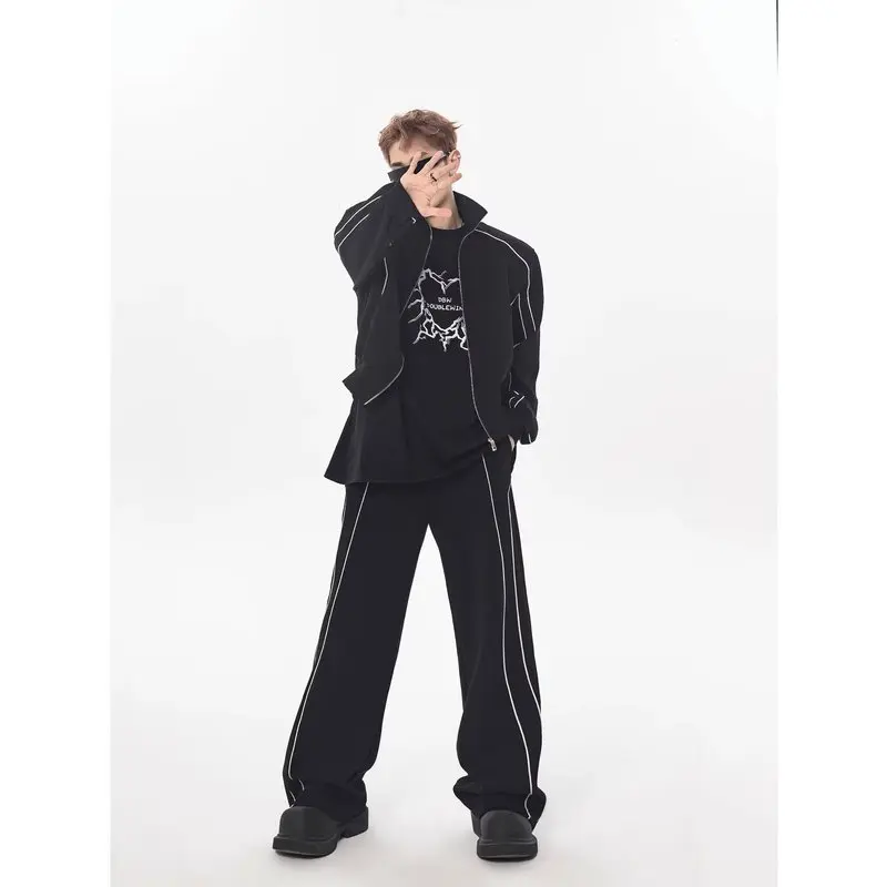 남성용 캐주얼 수트, 루즈하고 부드럽고 편안한 디자인 가디건, 스탠드업 칼라 재킷, 와이드 레그 팬츠, 트렌디 한 2 피스 세트