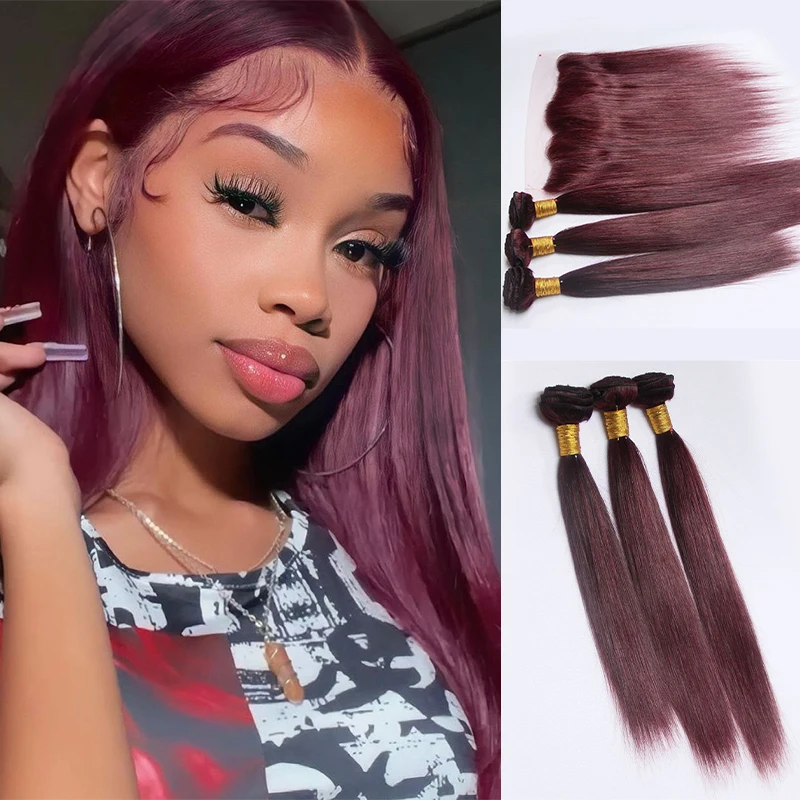 Burgundy Human Hair Bundles with Lace Frontal 99J Colored Hair Bundles with Frontal Straight Human Hair Extensions For Women