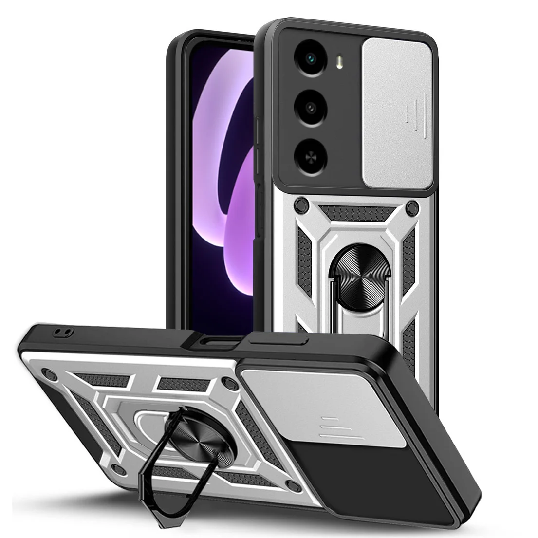 Enhanced Camera Protective Case with Armor Hybrid Metal Ring Holder Cover
