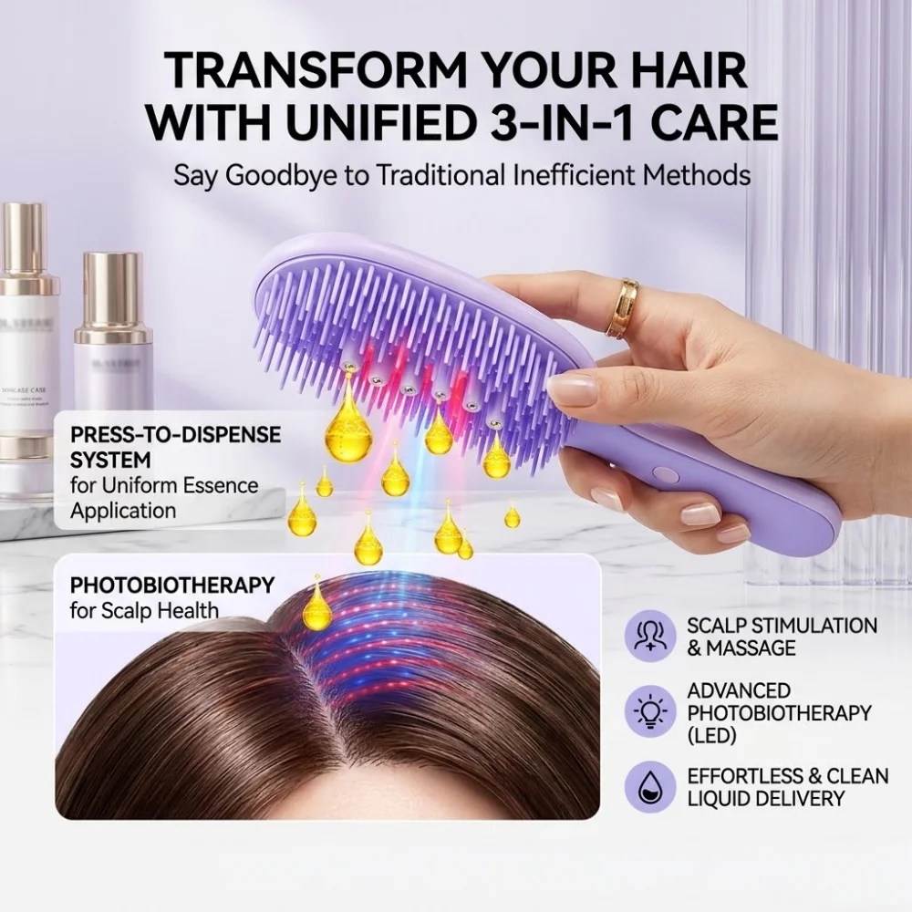Peigne applicateur d'huile capillaire électrique, brosse de massage du cuir chevelu, vibration sonique, lumière LED, distributeur de liquide, brosse démêlante pour les soins capillaires 1 Peigne applicateur d'huile capillaire électrique, brosse de massage du cuir chevelu, vibration sonique, lumière LED, distributeur de liquide, brosse démêlante pour les soins capillaires 1