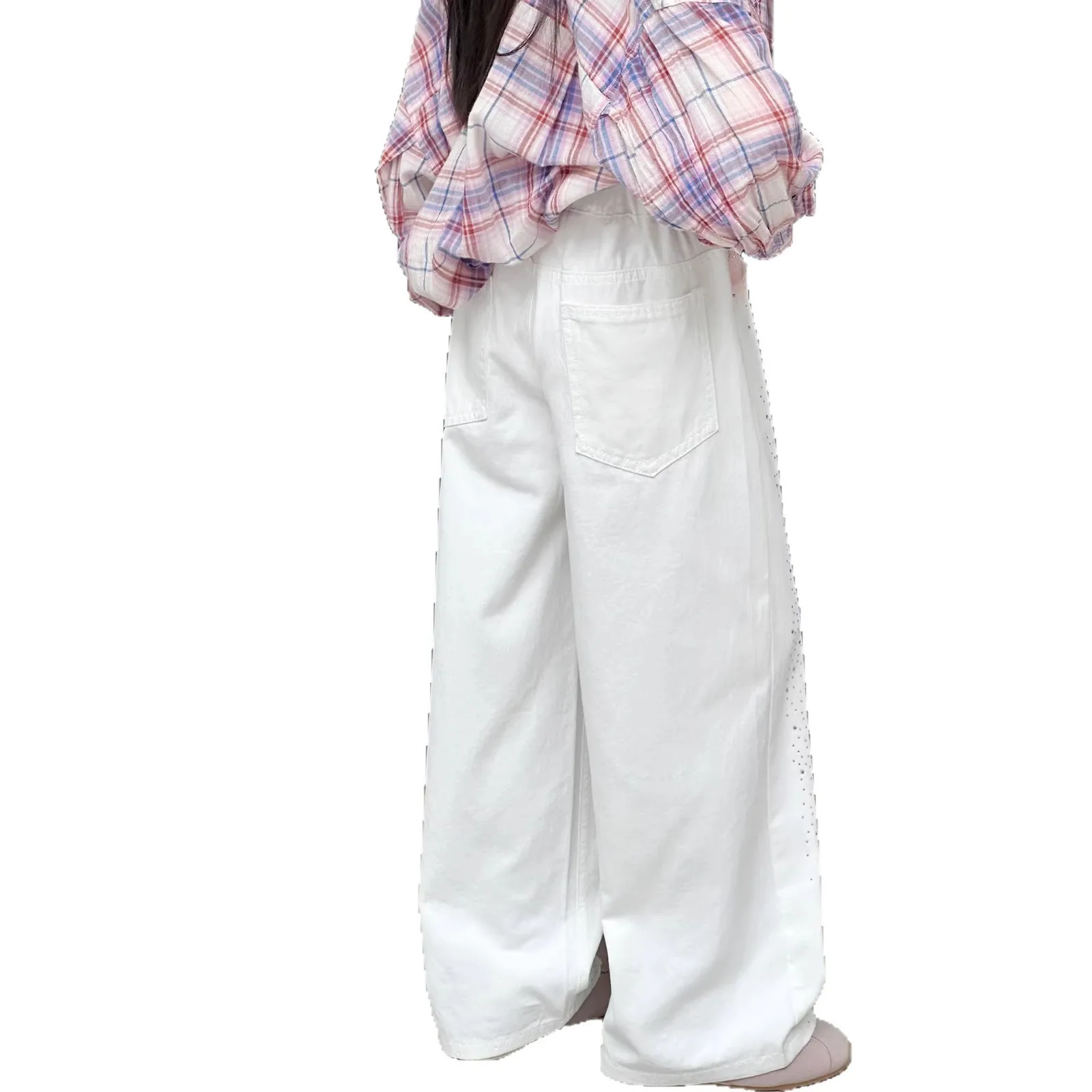 키즈 화이트 라인스톤 장식 스트레이트 레그 스파클리 청바지 결혼식 생일 파티 의상에 적합 소녀 블링 블링 팬츠