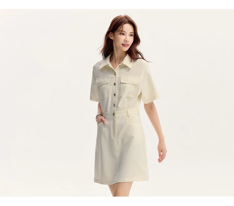 Dress Women Turn-Down Collar Stylish And Chic Summer New Simple And Sweet Waist-Cinching Short Skirt