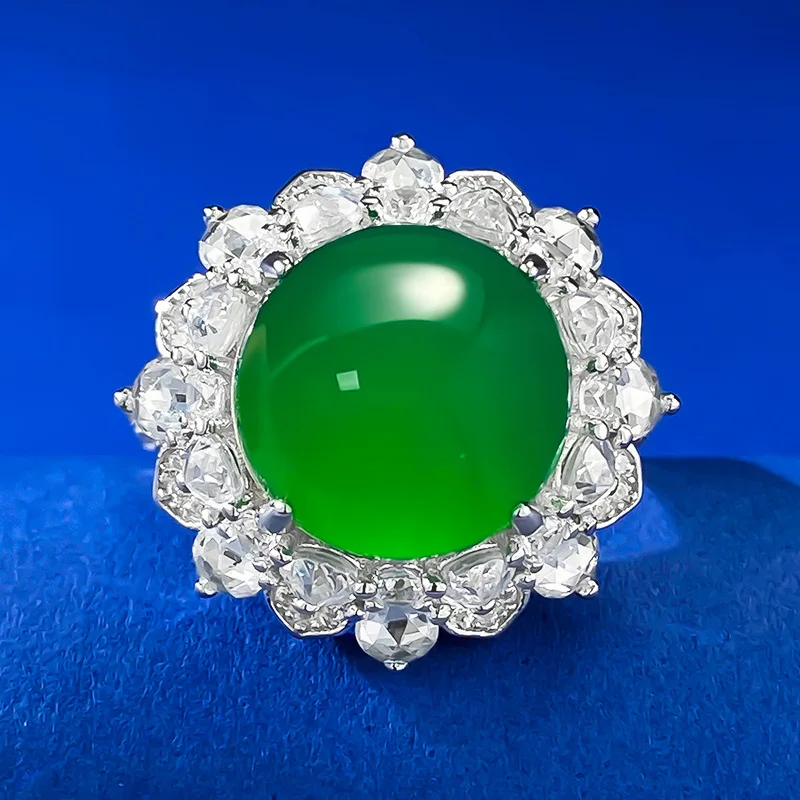 

S925 Silver Luxury Set with High Ice Green Jade Chalcedony Temperament, Big Egg Face 12mm Agate Ring, Live Selling Hot