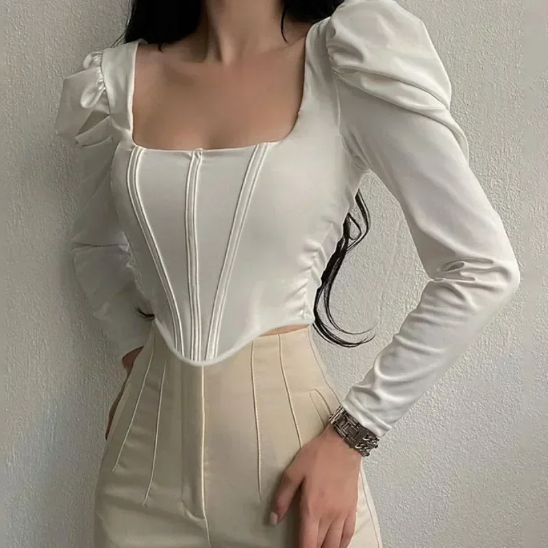 

Sexy Crop Blouse Women Fashion Square Collar Puff Sleeve Slim Waist Lady Shirt Casual Vinatge Long Sleeve Y2K Tops Blusas 30117