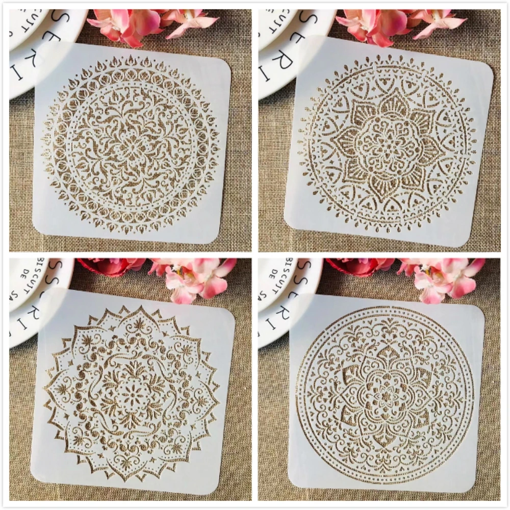 4Pcs/Set 15cm Mandala Wheel Round Square DIY Layering Stencils Painting Scrapbook Coloring Embossing Album Decorative Template | Канцтовары