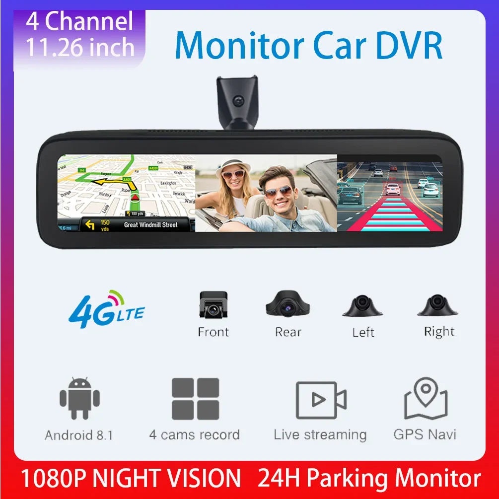 2GB+32GB Android Dash Cam Support 4G 4 Lens Mirror Cameras HD 1080P Auto Camera GPS WIFI ADAS Car DVR Support 512GB