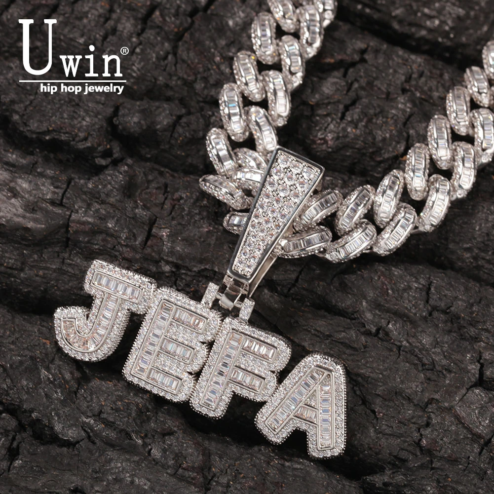 

Uwin Baguette Letters With 13mm Iecd Out Cuban Chain Name Necklace Full Iced Out Zircon Pendant Gift HipHop Jewelry