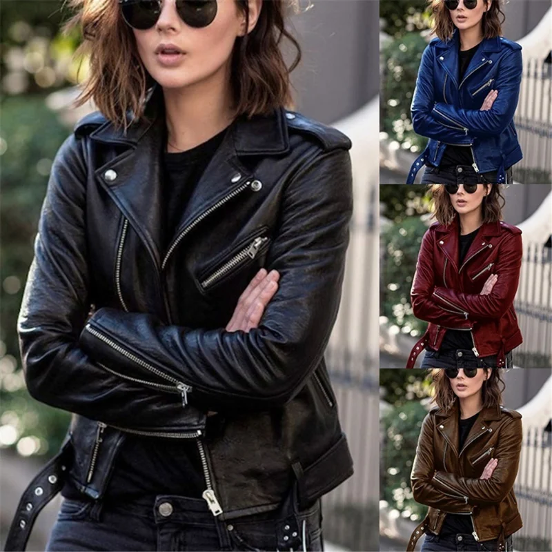 Leather coat women's new fashion cool top autumn short spring Korean PU motorcycle wear slim fit winter leather jacket trend sx 2019 autumn winter new fashion female short slim fit pu leather black motorcycle beading rivet tassel leather jacket