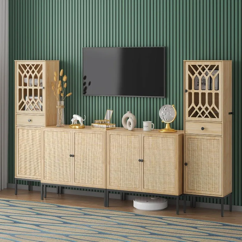 

Rattan Cabinet Tall Storage Cabinet Entertainment Center Media Console for TV up to 70"+ Fretwork Pattern Doors 2 Pack