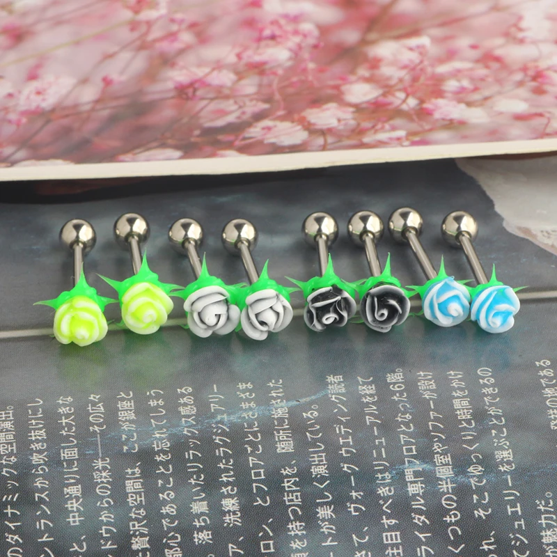 silicone rose flower Tongue Piercing Jewelry Tongue Rings for Women straight barbell 16mm tongue bar nipple rings for women men