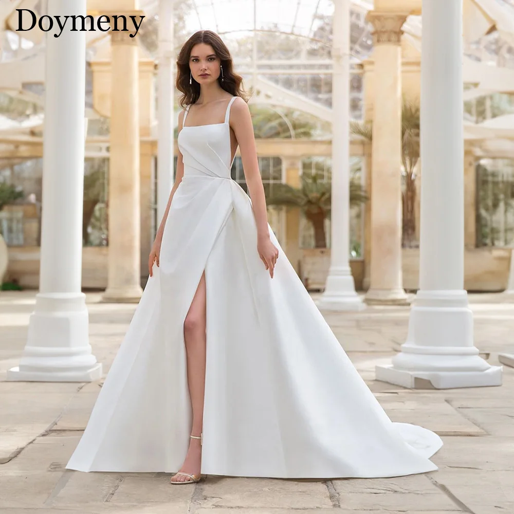 

Doymeny Wedding Dresses For Woman Charming A-line Square Neck Front Slit Satin Open Back Chapel Train Stunning Robe De Mariee