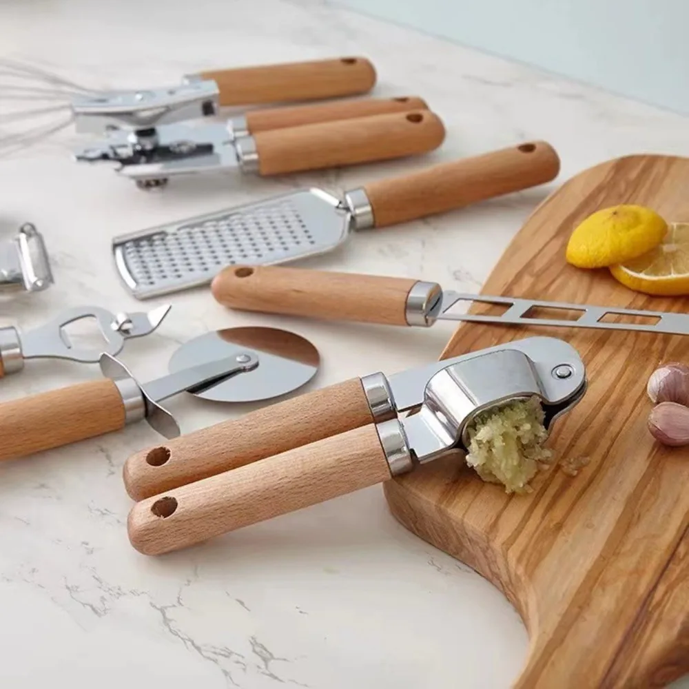 

9pcs with Wooden Handle Kitchen Gadget Set Stainless Steel Various Styles Bottle Can Opener Grater Garlic Press Combination