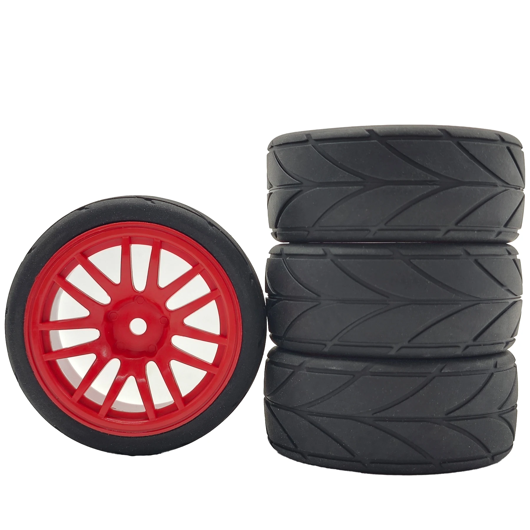 Pneus RC 1/10 65mm Route Caoutchouc Jantes Plastique 12mm Hex 4pcs