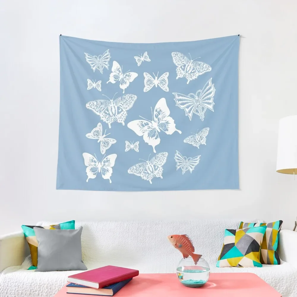 

White Butterflies on Smoky Blue Grey Background Tapestry Room Decoration Accessories Cute Room Decor Carpet Wall Tapestry
