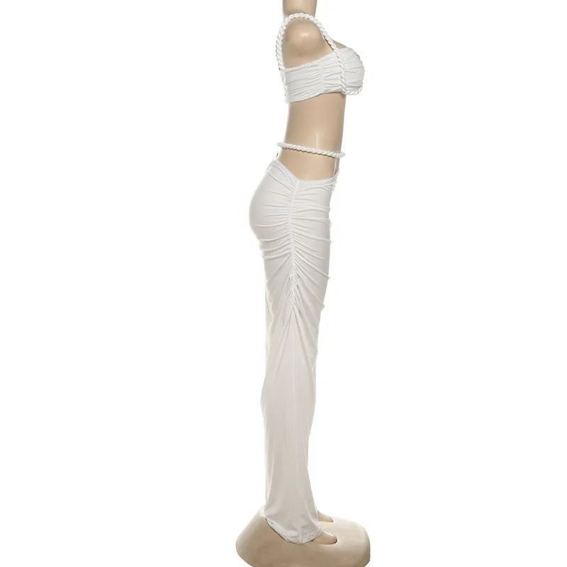 Women's Clothing Sexy Solid Color Backless Small Tank Top Hip Wrap Skirt 2 Piece Set Pleated Maxi Dress Party Suits