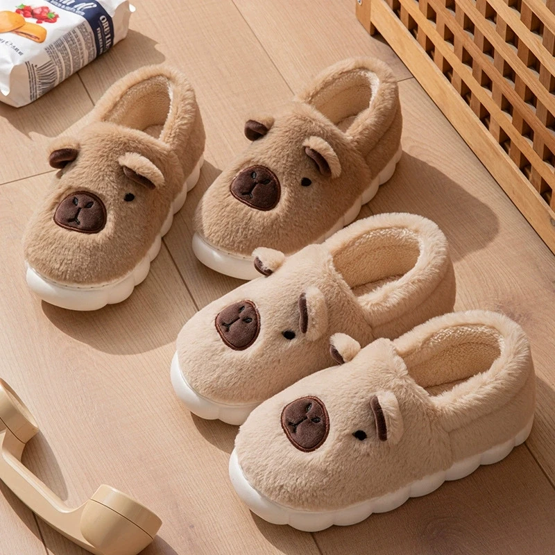 Lovely Capybara Winter Slippers for Women Cartoon Cozy Faux Fur Cotton Living Room Shoes Thick Sole Slip On Cotton Shoes Woman