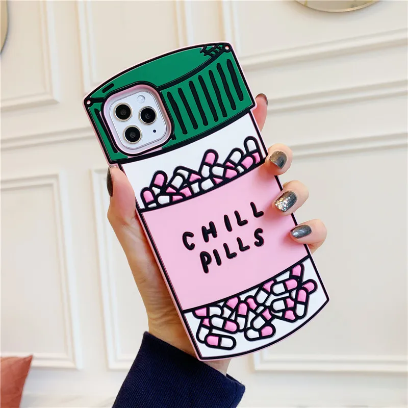 3D Cartoon Chill Pills Phone Case for iPhone 15 14 13 12 11 Pro Max XR XS X 8 7 6 Plus Medicine Bottle Soft Silicone Cover