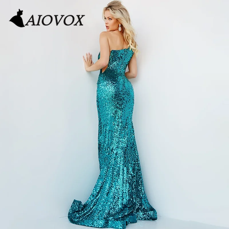 AIOVOX One-shoulder Formal Prom Dress Sequin Side Illusion Evening Gown Mermaid Floor-length Draped Vestido De Noche for Women