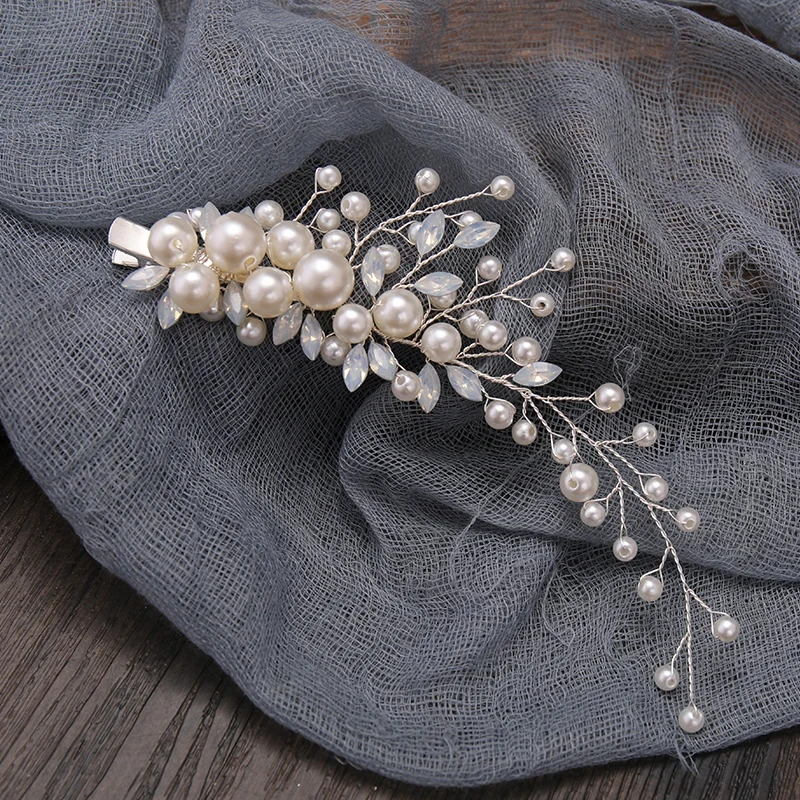 2 Pcs Silver Color Pearls Tiara Hairgrips Clips Handmade Milk Crystal Hairbands Wedding Bridal Headpiece Women Hair Accessories hair accessories bridal hair accessories