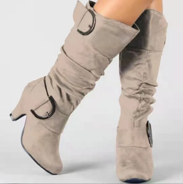 Big Size 43 New Knee High Boots Women Autumn Faux Suede Buckle Fashion Spike Heels Woman Shoes Winter Hot Sale M441 