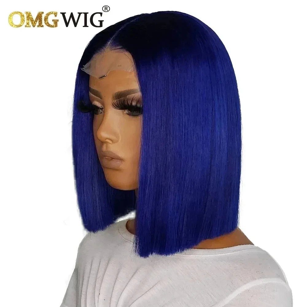 Human Hair Wig 13x4 Lace Frontal Bone Straight Blue Colored 4x4 Short Bob For Black Women Pre Plucked Brazilian Remy Hair