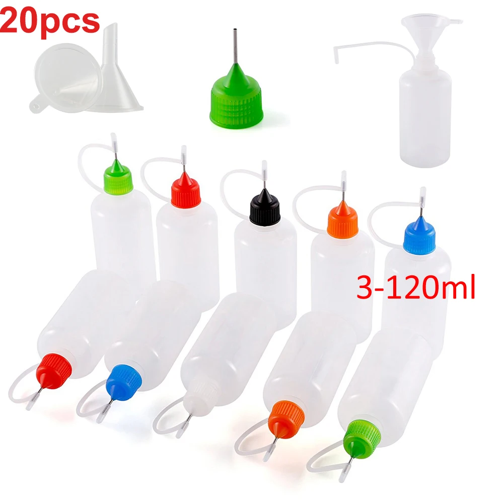 20PCS X 5ML-120ML Plastic Empty Squeezable Dropper Bottles Glue E Liquid Juice Containers with Steel Needle Tips + Mini Funnels