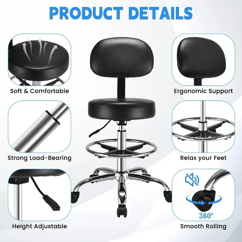 Ergonomic Rolling Stool with Backrest PU Leather Strap Adjustable Pedal Rotating Round Work Chair Office Bar Stool Lounge Chair