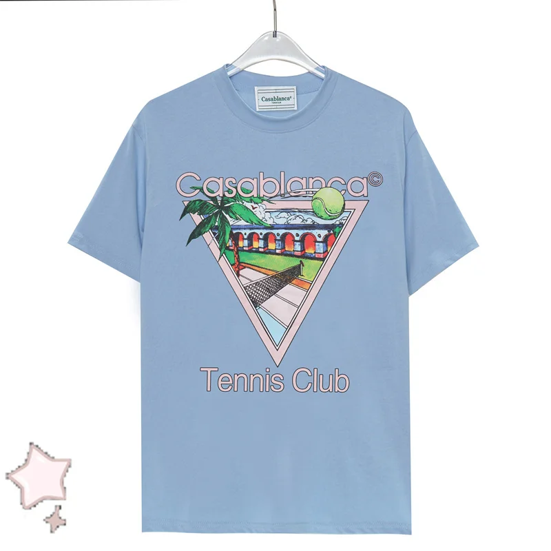 

Casablanca New High Quality Cotton Round NeckT-shirts for Men CASA Retro Casual Tennis Palm Tree Print Letter Logo Short Sleeves
