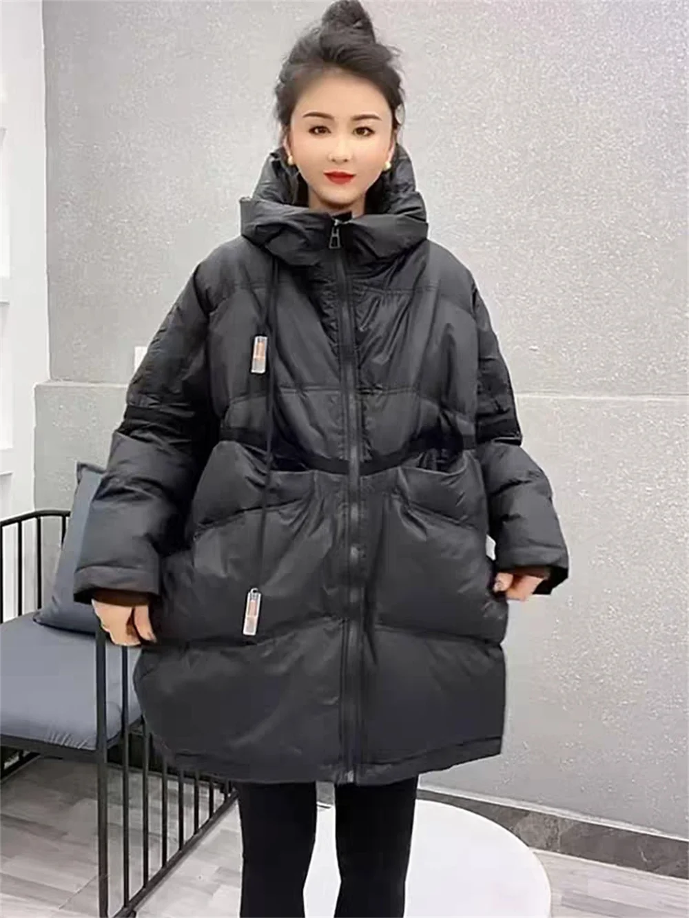 Large Hooded Lightweight Medium Length Down  Middle-aged Women, Loose Fitting Warm Bread Jacket for Mothers white duck down down jacket women s short slim korean version loose winter middle aged and elderly mothers large hooded coat