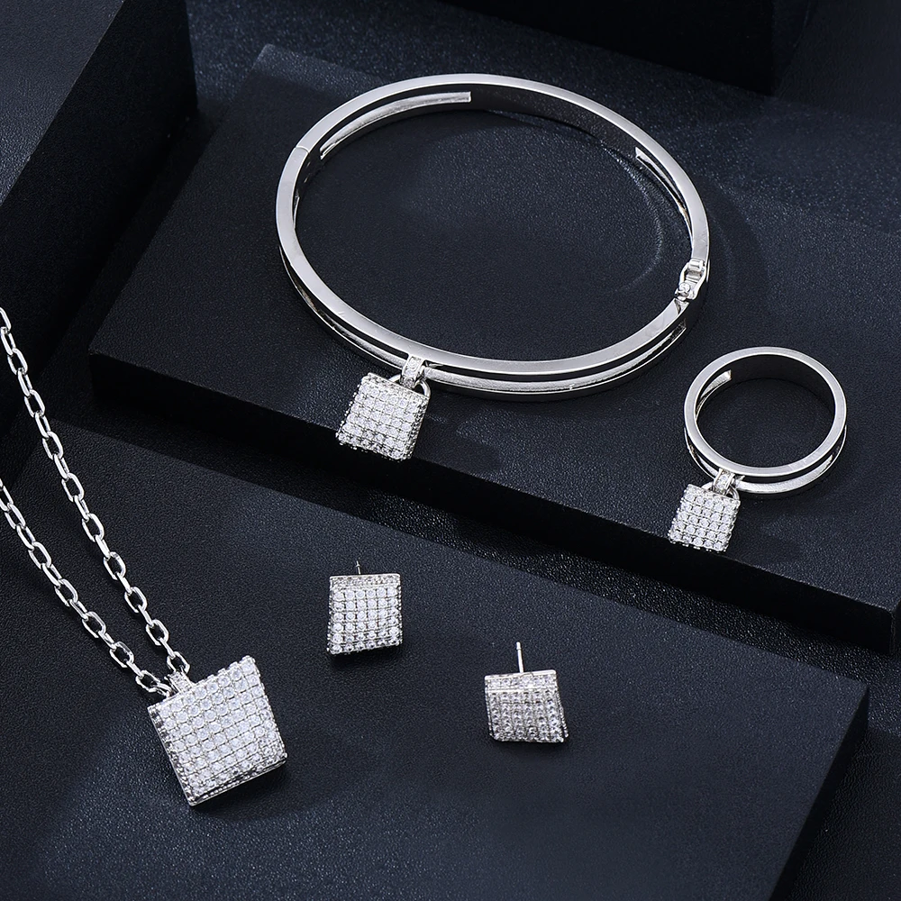 

Missvikki Be Original New 4PCS Shiny Square Pendant Necklace Bangle Earrings Ring Jewelry Set Women Brides Wedding Jewellery
