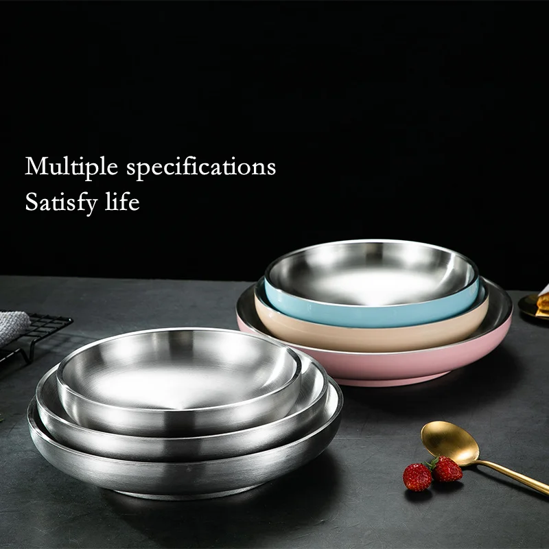 304 Stainless Steel Double Layer Dishes Tray Anti-Scalding Steak Plate Tableware Pan Fruit Dishes Household