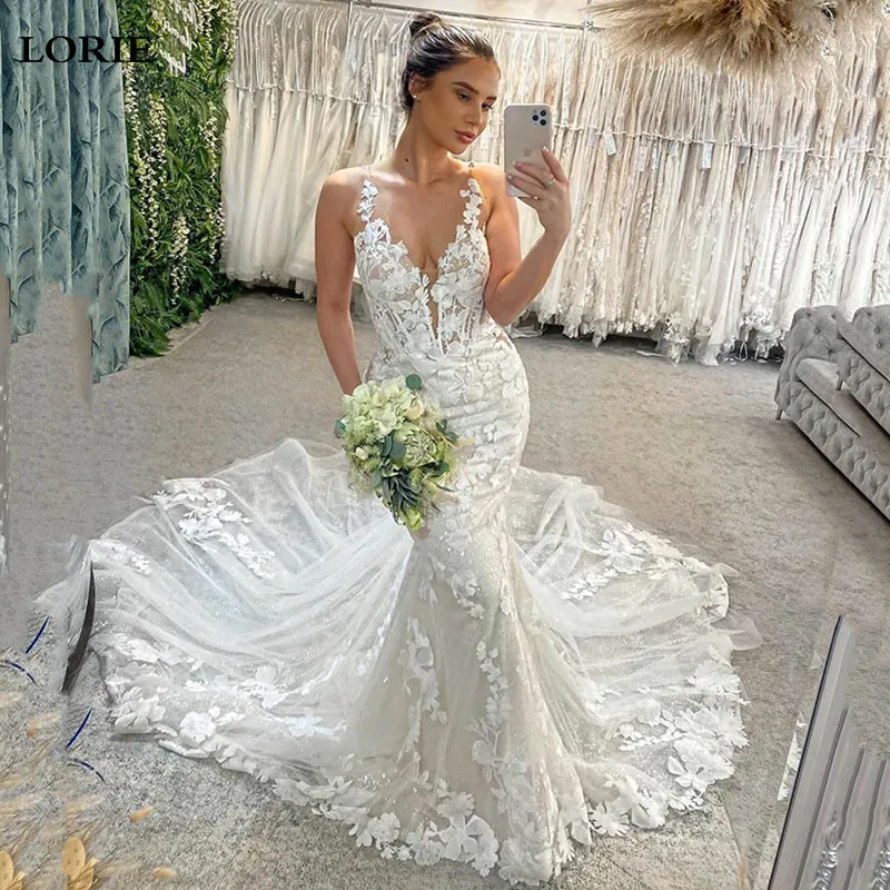 

LORIE Boho Lace Mermaid Wedding Dress Sexy V Neck Appliques Bride Dresses Puff Tulle Wedding Bridal Gowns 2024