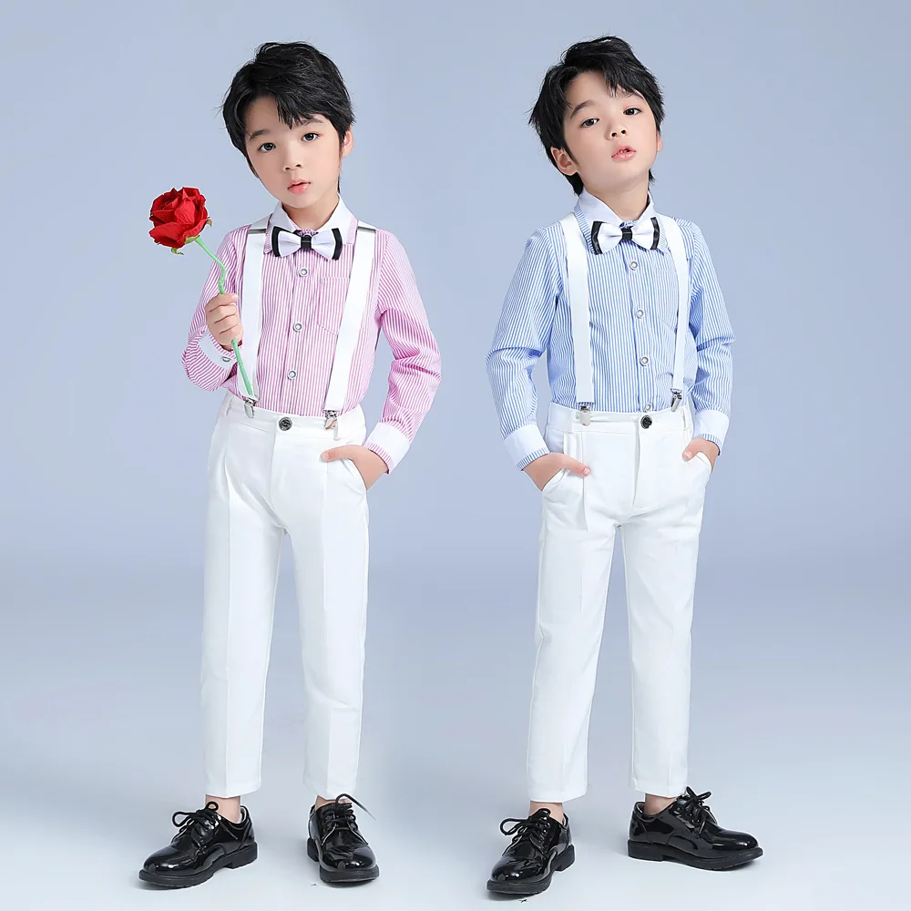 

Boys Spring Straps Pants Clothing Sets 2023 New Children Host Speech Formal Suits Korean Striped Shirt Party Performance Costume