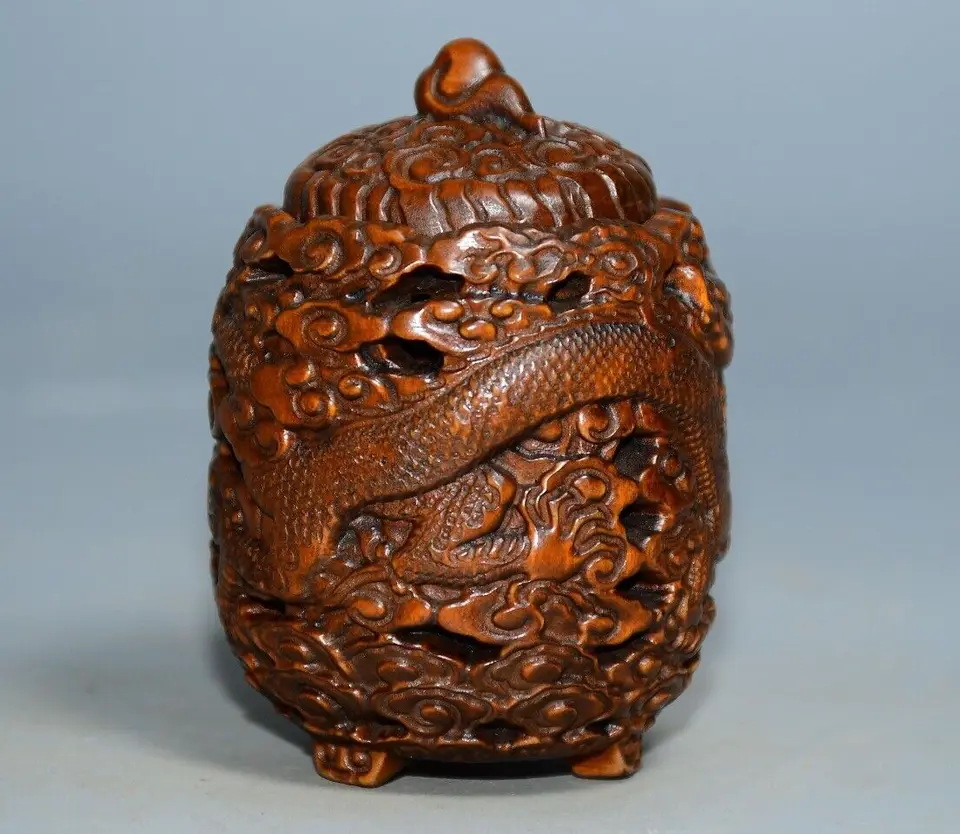 木彫り 置物 刻まれたドラゴン像の収納ボックス,中国の天然ツゲの木,素敵な