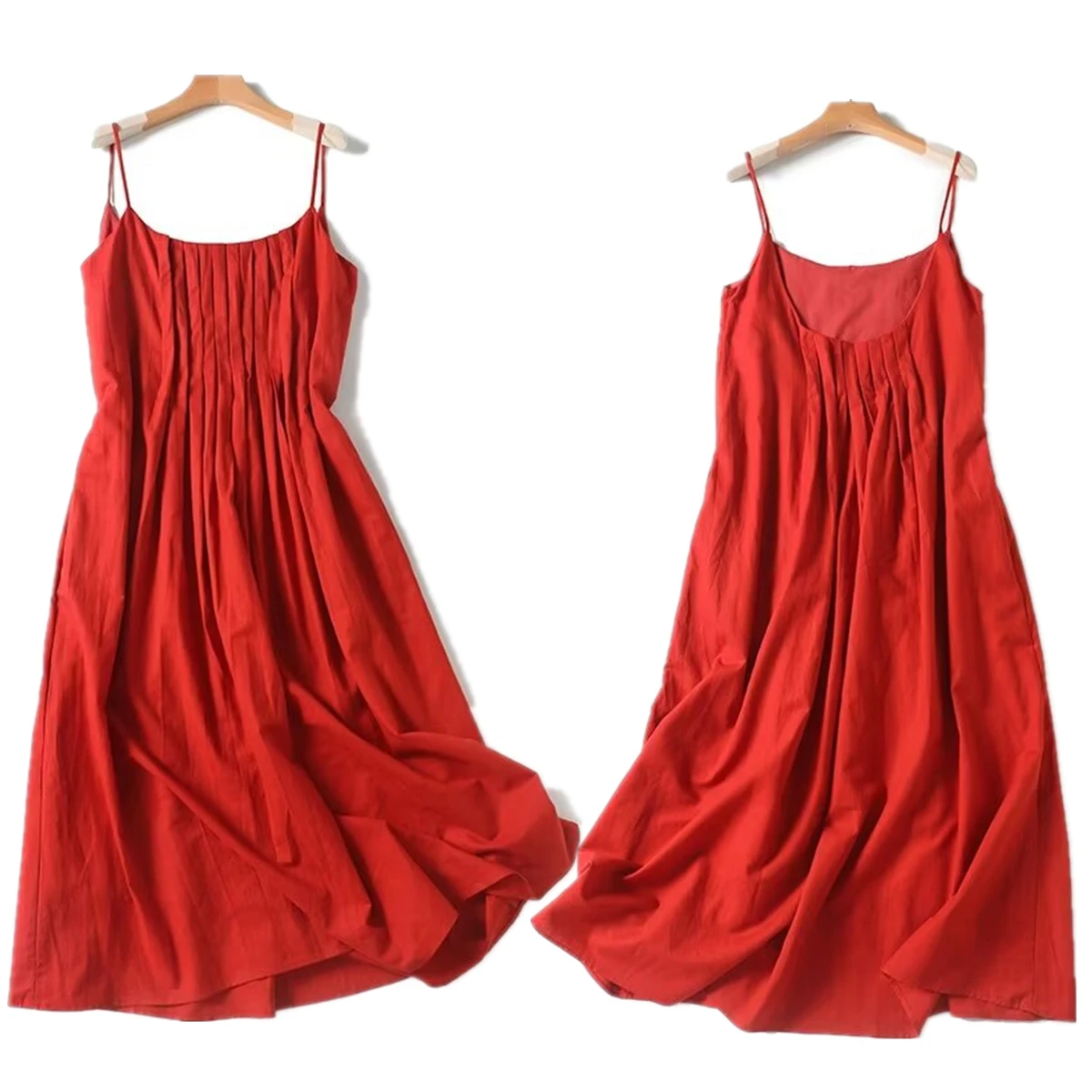 

Withered Summer Dress Women Vestidos Midi Dress French Minimalist Retro Red Suspenders Dress Women Elegant Commuter