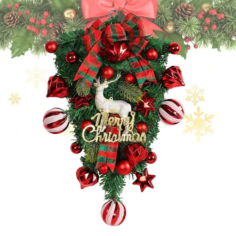 

Christmas Wreath With Red Bow Xmas Hanging Wreath Winter Door Wreath With Reindeer For Indoor Outdoor Christmas Decoration