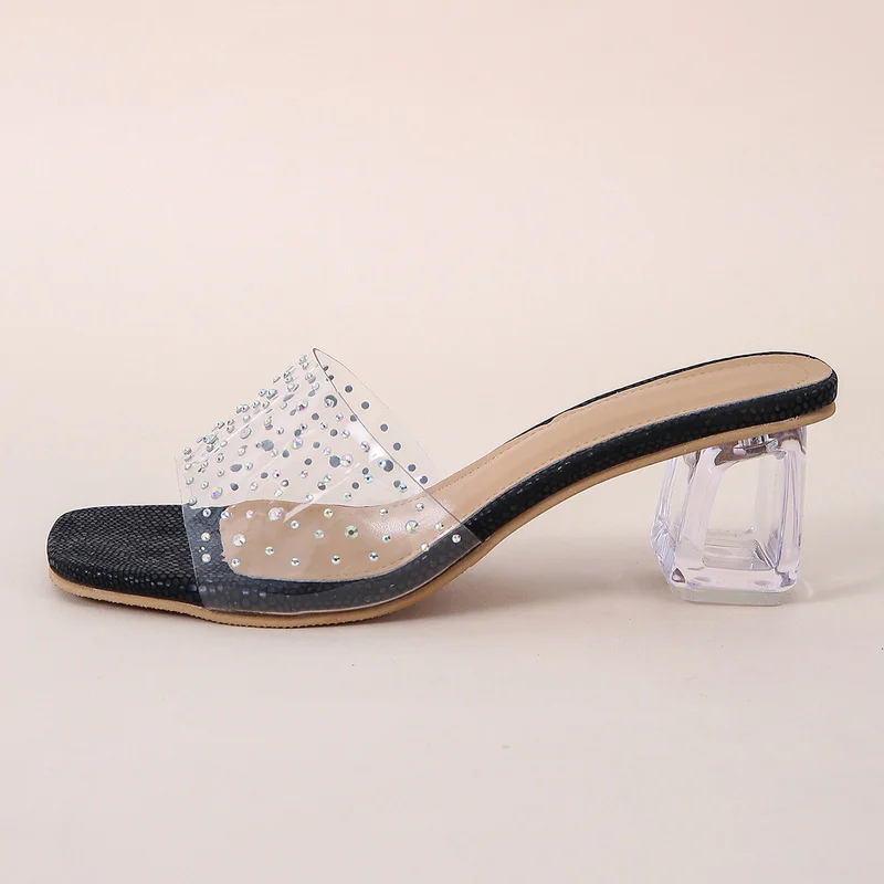 Fashion PVC Transparent Rhinestone Slippers Women Sexy High Heels Square Toe Ladies Shoes Shallow Sandals Slippers Women