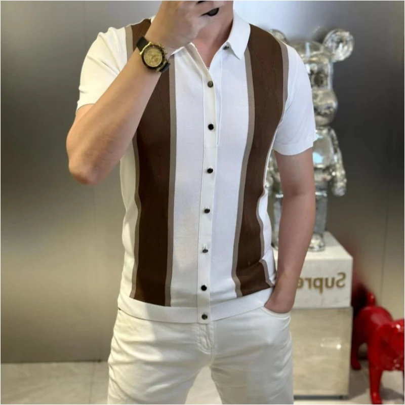 

2024 Spring/Summer New High End Men's Fashion Trend Light Luxury Simple Slim Fit Button Blocked Short Sleeved Polo Shirt Top