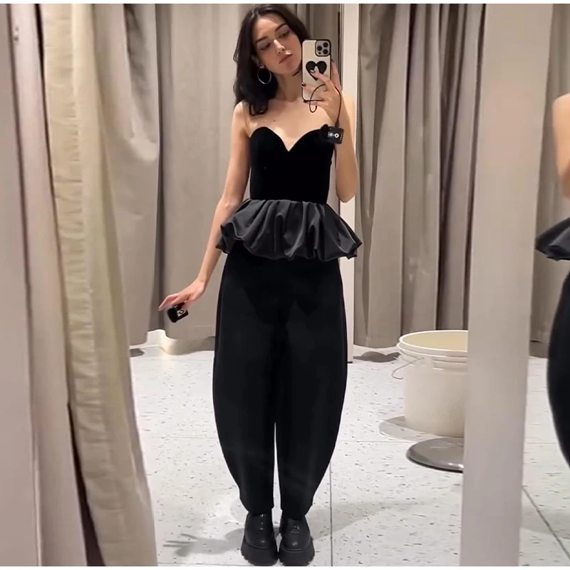 Sexy Off Shoulder Velvet Spliced Tube Top Women Black Backless Strapless Ruched A-line Tank Female 2025 Fashion Lady Party Gown