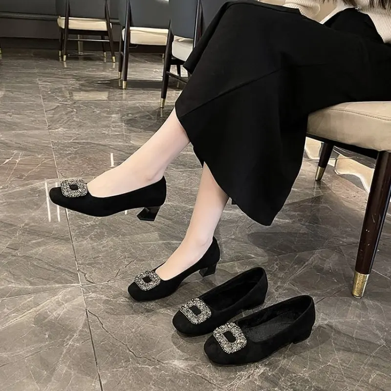 Gold Heels Slip On Velvet Shoes Women Square Toe Chunky Sandals 2024 Footwear Branded Pumps Lace-Up Slip-On Block Crystal Casual