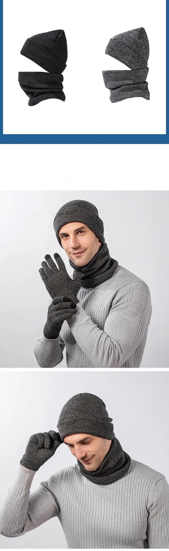 Nuovo cappello invernale in velluto lavorato a maglia, sciarpa, set di guanti touch screen, essenziale per tenersi al caldo quando nevica, cappello di lana, copricollo spesso per uomo_voghion.com