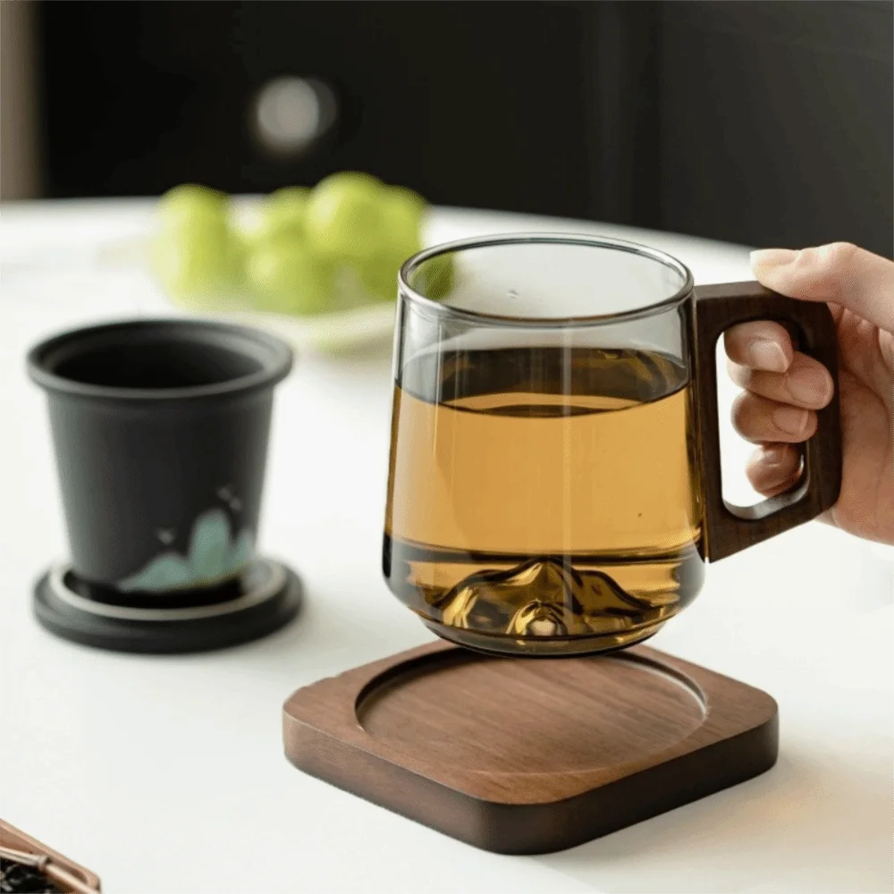 Internal Mountain Protrusion Glass Cup Large Capacity Single-layer Water Drinking Cup Heat-resistant Wooden Handle Tea Cup Gift