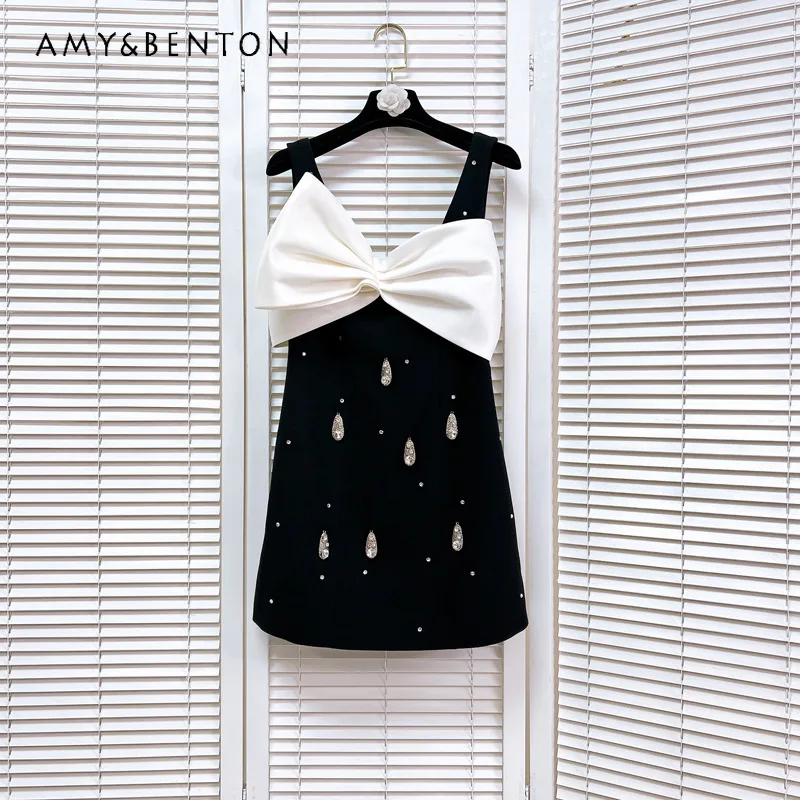 

Heavy Industry Beads Bow Figure Flattering Short Suspender Dress Bow Socialite Temperament Contrast Sheath Dress for Women