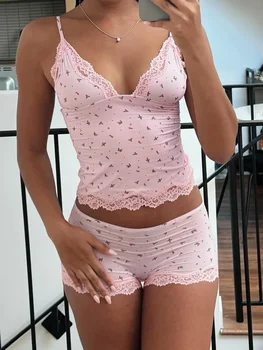 Summer Two-piece Pajamas Set for Women Sleepwear  Floral Lace Pink Sleeveless Camisoles and Slim Shorts Loungewear 1