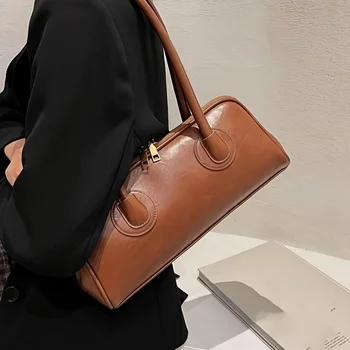 قطعة واحدة من حقيبة الكتف المصنوعة من الجلد الصناعي، حقيبة يد أنيقة مع تفاصيل خياطة، محفظة متعددة الاستخدامات بمقبض علوي 5